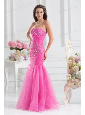 Mermaid Sweetheart Beading Floor-length Organza Hot Pink Prom Dress