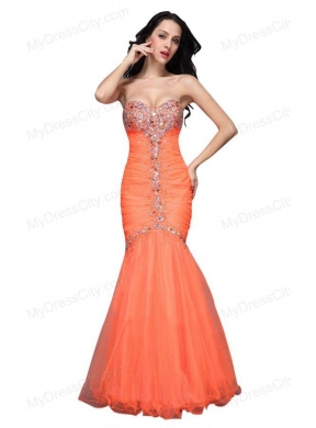 Mermaid Sweetheart Orange Beading Ruching Organza Prom Dress