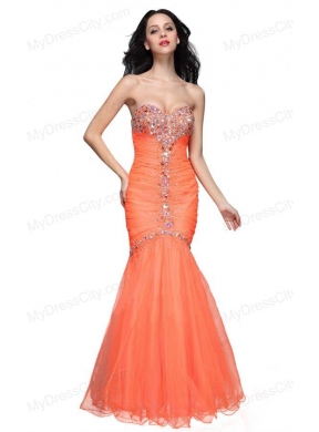 Mermaid Sweetheart Orange Beading Ruching Organza Prom Dress