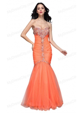 Mermaid Sweetheart Orange Beading Ruching Organza Prom Dress