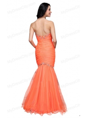 Mermaid Sweetheart Orange Beading Ruching Organza Prom Dress