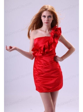 One Shoulder Red Prom Dress with Flowers Mini-length