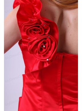 One Shoulder Red Prom Dress with Flowers Mini-length