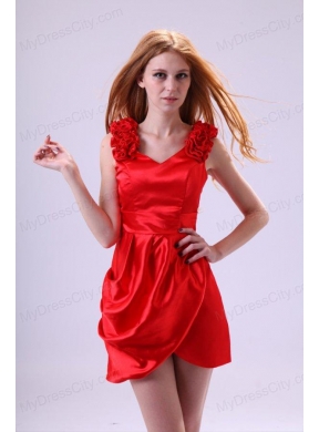 Red Column V-neck Flowers Short Prom Dress with Mini-length