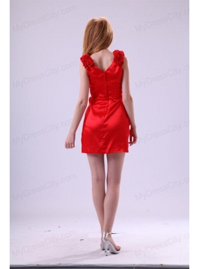 Red Column V-neck Flowers Short Prom Dress with Mini-length