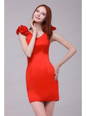 Red Column V-neck Hand Made Flowers Mini-length Prom Dress