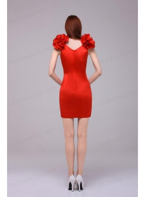 Red Column V-neck Hand Made Flowers Mini-length Prom Dress