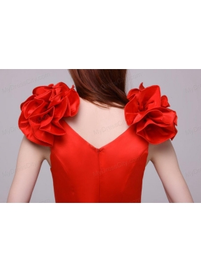 Red Column V-neck Hand Made Flowers Mini-length Prom Dress