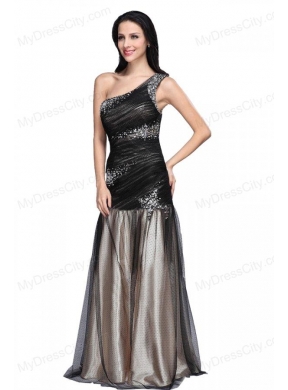 Sexy Column One Shoulder Ruching Criss Cross Black Tulle Prom Dress