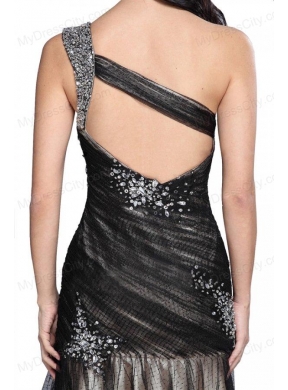 Sexy Column One Shoulder Ruching Criss Cross Black Tulle Prom Dress