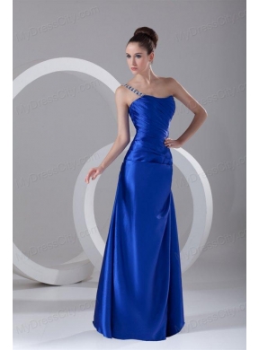 Simple Column One Shoulder Floor length Appliques and Ruching Blue Prom Dress