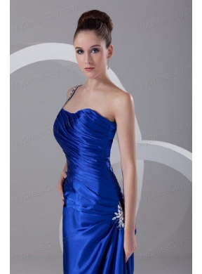 Simple Column One Shoulder Floor length Appliques and Ruching Blue Prom Dress