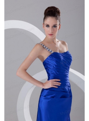 Simple Column One Shoulder Floor length Appliques and Ruching Blue Prom Dress