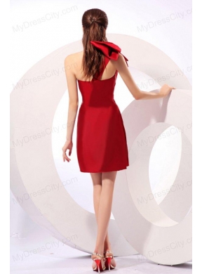 Simple Column One Shoulder Mini-length Bowknot Taffeta Red Prom Dress