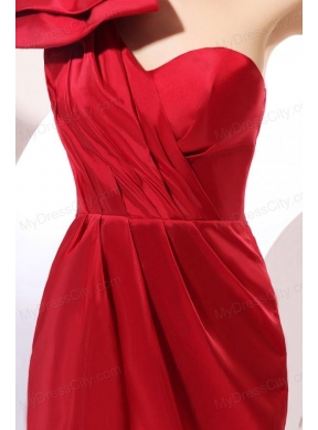 Simple Column One Shoulder Mini-length Bowknot Taffeta Red Prom Dress