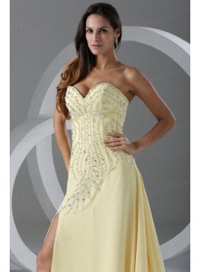 Sweep Train High Slit Light Yellow Prom Dress with Beading