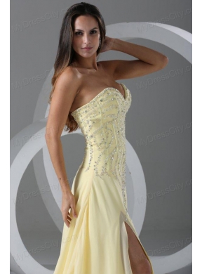 Sweep Train High Slit Light Yellow Prom Dress with Beading