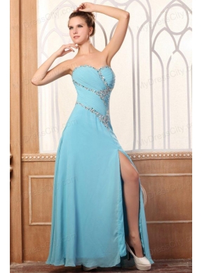 Sweetheart Light Blue Beading and High Silt Prom Dress with Chiffon