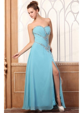 Sweetheart Light Blue Beading and High Silt Prom Dress with Chiffon