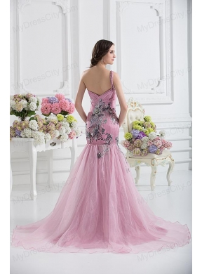 Sweetheart One Shoulder Mermaid Appliques Ruching Pink Prom Dress