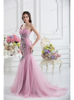 Sweetheart One Shoulder Mermaid Appliques Ruching Pink Prom Dress