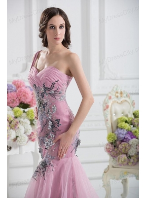 Sweetheart One Shoulder Mermaid Appliques Ruching Pink Prom Dress