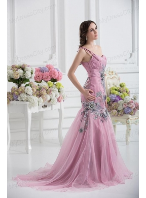 Sweetheart One Shoulder Mermaid Appliques Ruching Pink Prom Dress