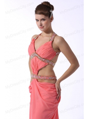 Watermelon Red Halter Top Sexy Prom Dress with Beading