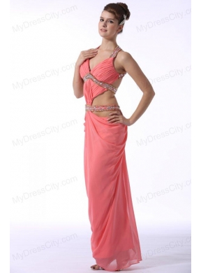 Watermelon Red Halter Top Sexy Prom Dress with Beading