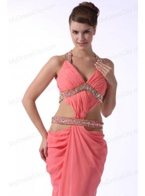 Watermelon Red Halter Top Sexy Prom Dress with Beading