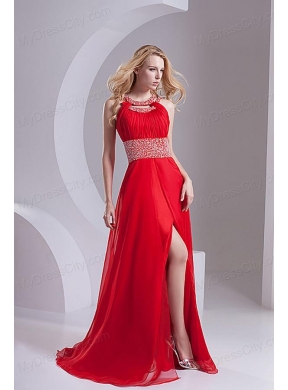 A-line Scoop Chiffon Beading and Ruching Sweep Train Prom Dress