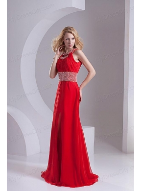 A-line Scoop Chiffon Beading and Ruching Sweep Train Prom Dress