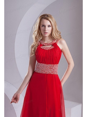 A-line Scoop Chiffon Beading and Ruching Sweep Train Prom Dress