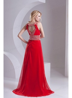 A-line Scoop Chiffon Beading and Ruching Sweep Train Prom Dress