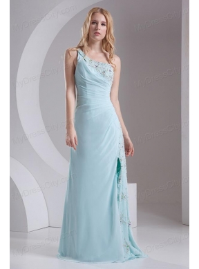 Column One Shoulder Chiffon Beading High Slit Prom Dress in Light Blue