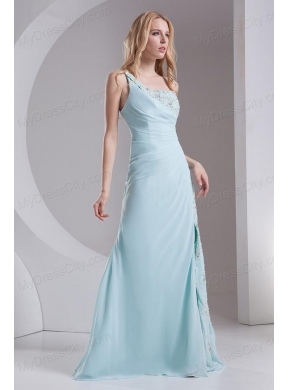 Column One Shoulder Chiffon Beading High Slit Prom Dress in Light Blue