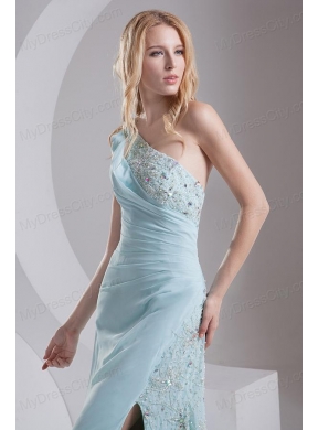 Column One Shoulder Chiffon Beading High Slit Prom Dress in Light Blue