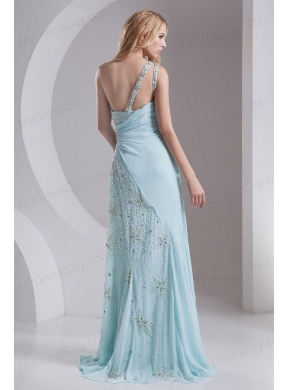 Column One Shoulder Chiffon Beading High Slit Prom Dress in Light Blue