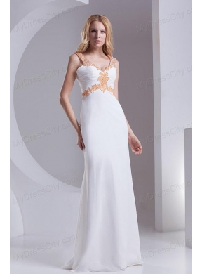 Column Straps Chiffon Appliques and Ruching White Prom Dress