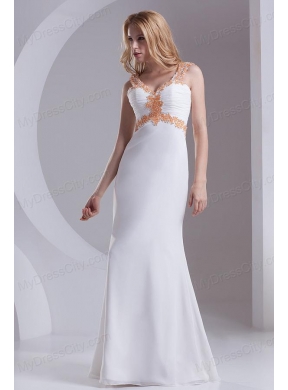 Column Straps Chiffon Appliques and Ruching White Prom Dress