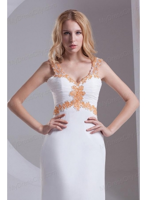 Column Straps Chiffon Appliques and Ruching White Prom Dress