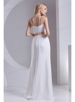 Column Straps Chiffon Appliques and Ruching White Prom Dress