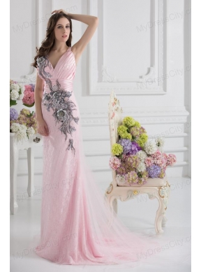 Column Straps Lace Appliques Ruching Baby Pink Lace Prom Dress