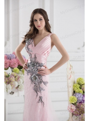 Column Straps Lace Appliques Ruching Baby Pink Lace Prom Dress