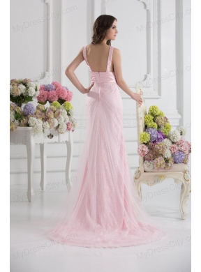 Column Straps Lace Appliques Ruching Baby Pink Lace Prom Dress