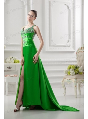 Column Straps Ruching and Beading High Slit Taffeta Prom Dress