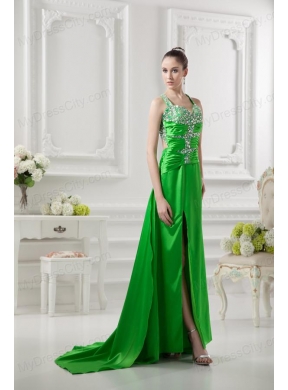 Column Straps Ruching and Beading High Slit Taffeta Prom Dress