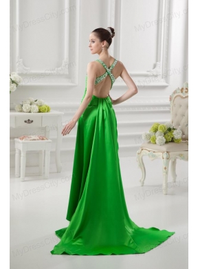 Column Straps Ruching and Beading High Slit Taffeta Prom Dress