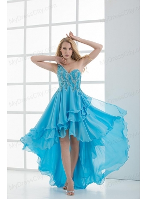 Empire One shoulder High-low Beading Baby Blue Prom Dress