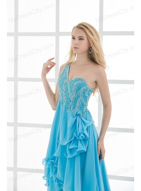 Empire One shoulder High-low Beading Baby Blue Prom Dress